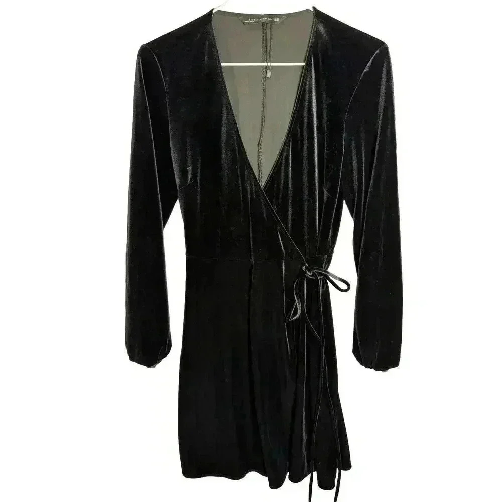 NWOT Zara Womens Short Black Velvet Wrap Dress Sz XS Long Sleeve With Tie
